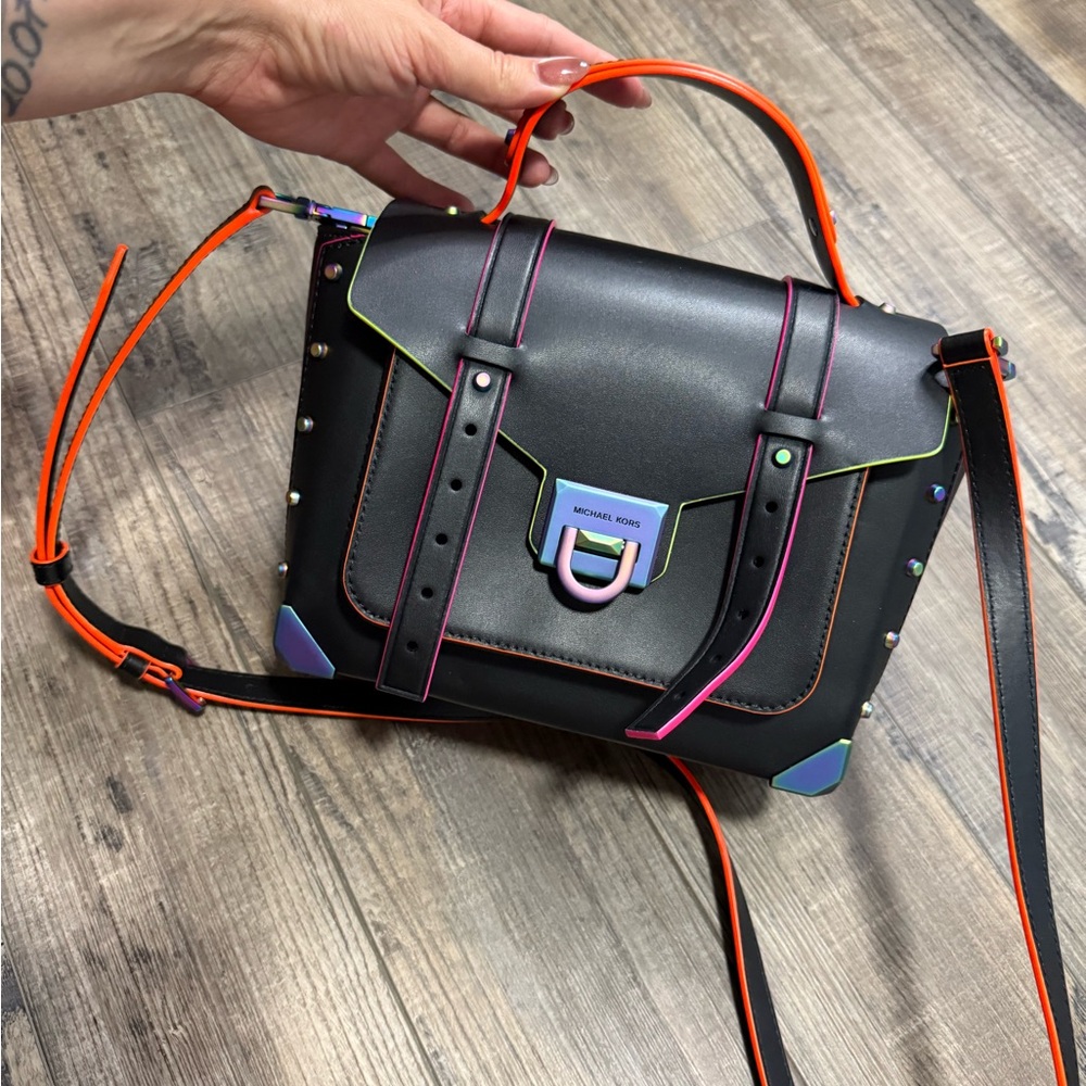Michael Kors Black and Orange Satchel with Silver Hardware